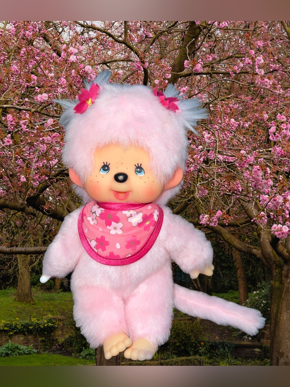 Monchhichi Sekiguchi Sakura Cherry Blossom Pink Plush Monkey Doll 7" Read